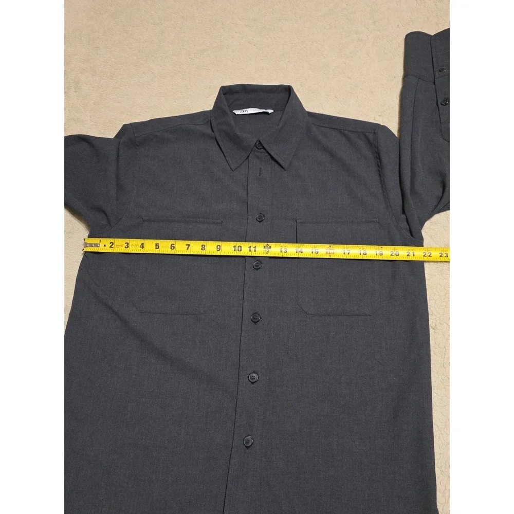Zara Men's Charcoal Grey Long Sleeve Button-Down Utility Shirt